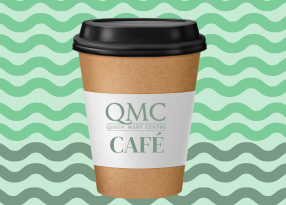 sign saying QMC Café with pictures of coffee up, pastries, chocolate bar and bag of crisps